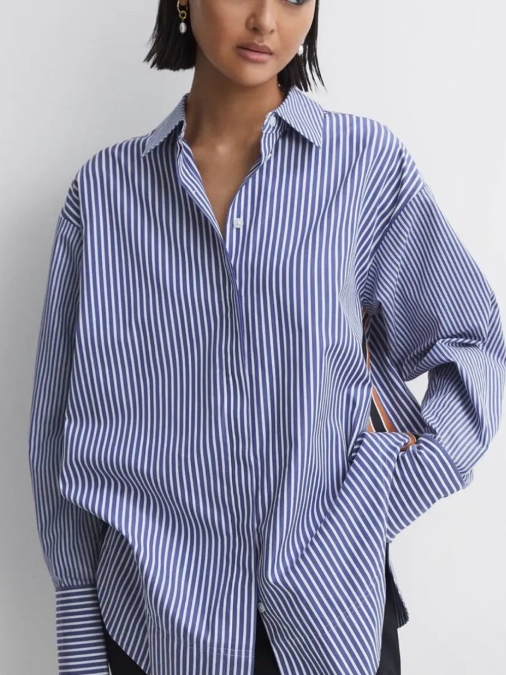 Reiss Danica Oversized Striped Cotton Short in Blue/White